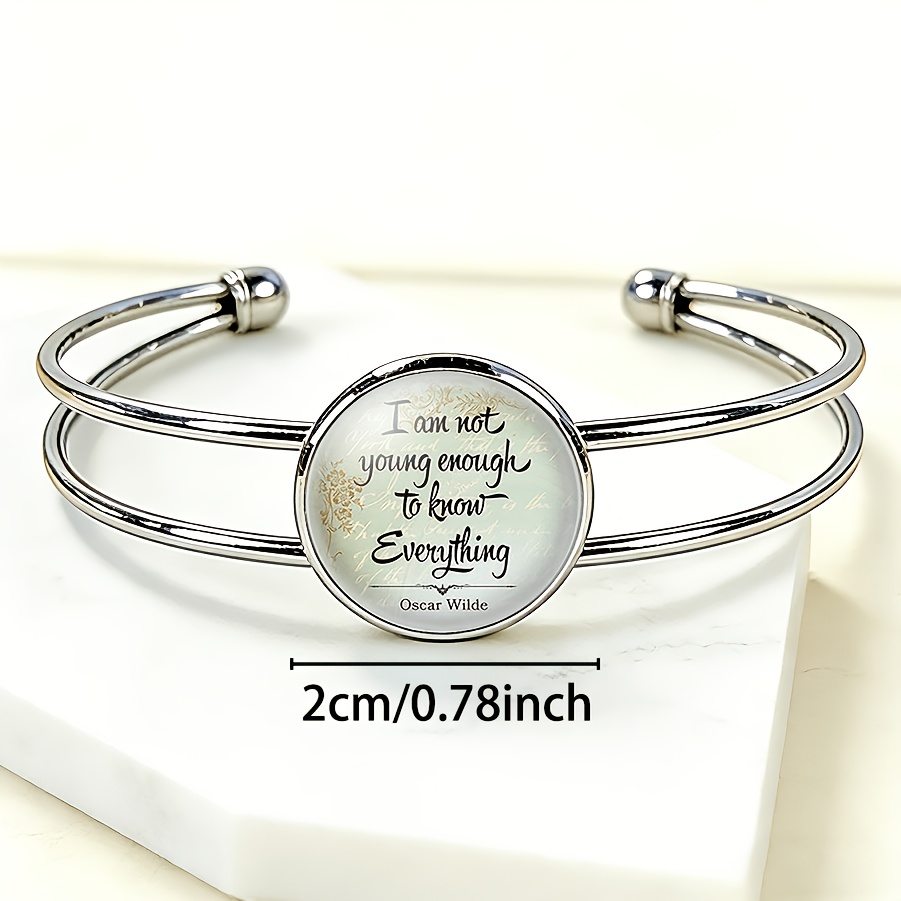 Adjustable Open Bangle with Round Time Gemstone Inlay, Handwritten Design